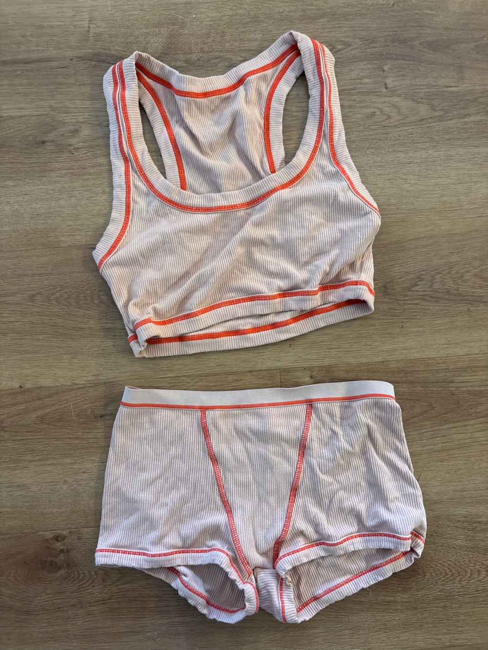 BB Matching Ribbed White Women's Bralette & Boyshort Set with Red Orange Trim